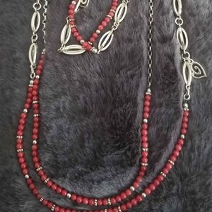 Elegant Red and Silver Beaded Necklace and Bracelet Set